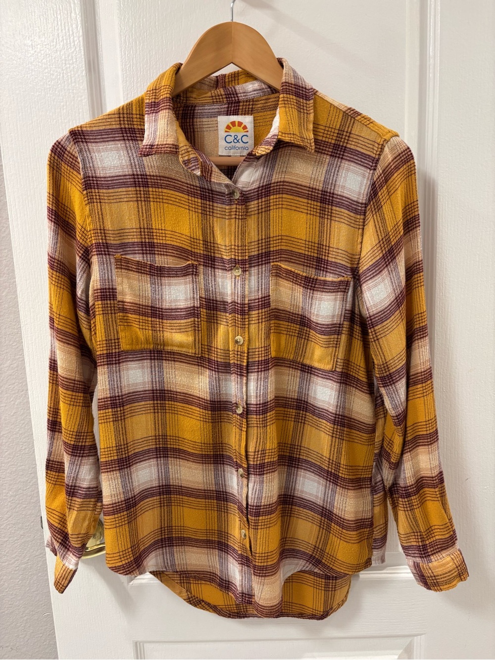 C&C California Flannel Shirt Yellow and Burgundy Plaid Button-Up
